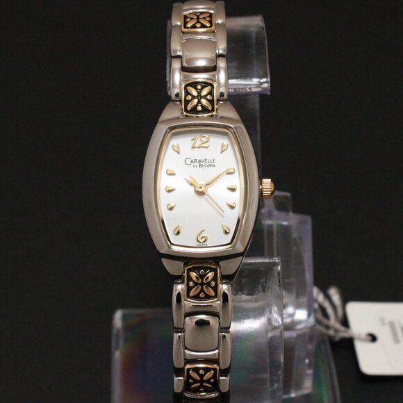 Caravelle Ladies Casual Quartz Watch Two Tone Raised Floral Design 17mm - Picture 6 of 12